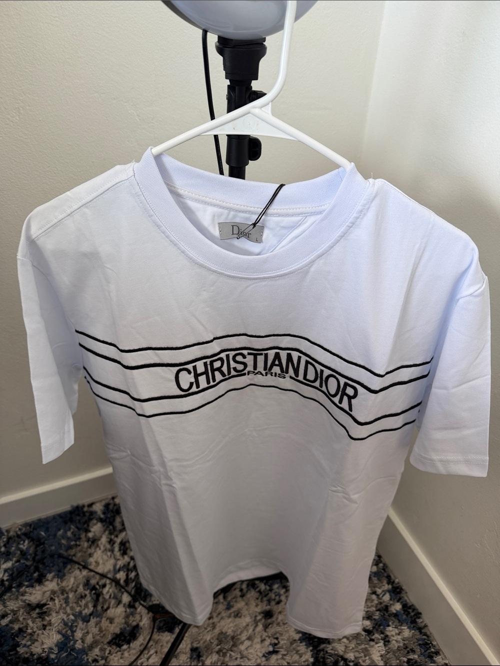 Dior Kids White Tee with Black Christian Dior Chest Stripe